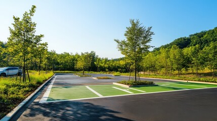 Scenic green parking spaces near a hiking trail, blending natural beauty with practical design