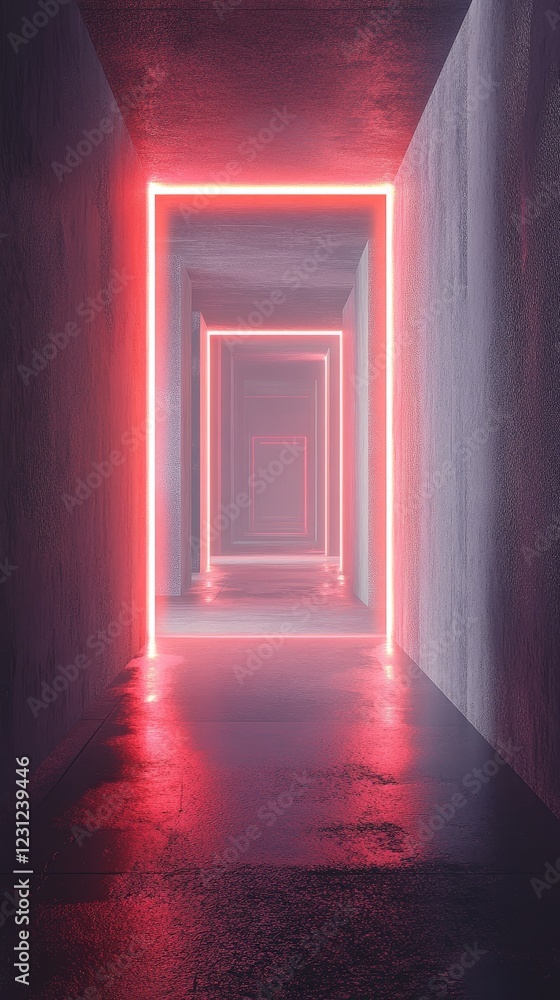 Poster this imaginative image features a futuristic corridor illuminated with vivid neon lights, creating a