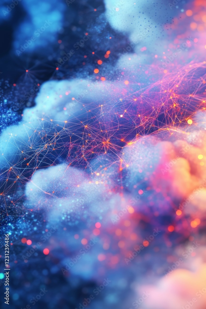 Poster stunning abstract cosmic scene with vibrant colors and interconnected digital patterns