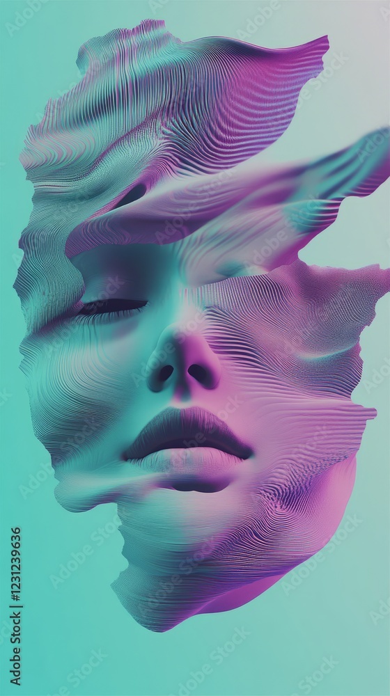 Poster surreal digital artwork featuring a face with vibrant colors and textured waves, creating a futurist