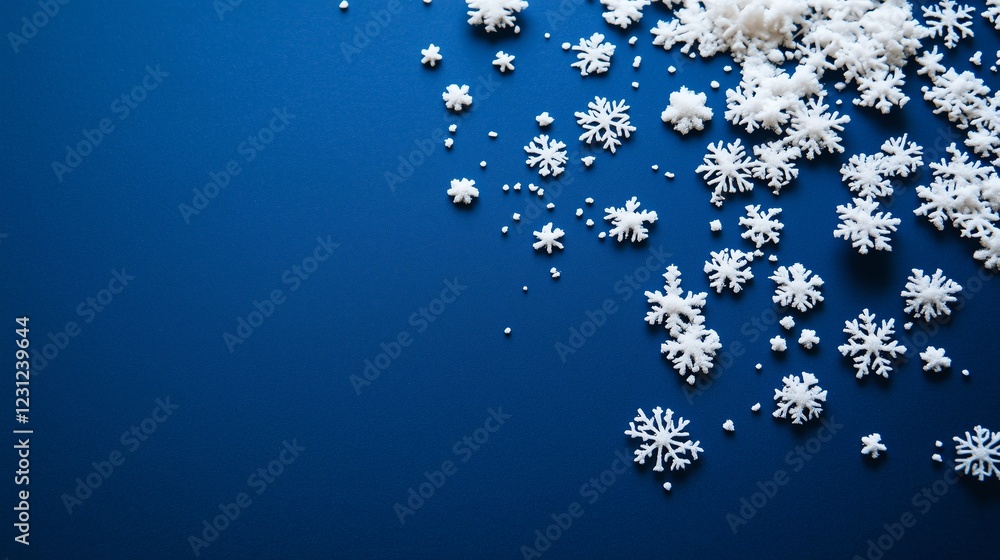 Poster soft white snowflakes scattered gently on a deep blue background, minimal design, with ample blank s