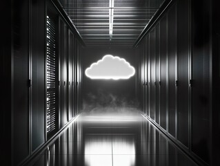A glowing cloud icon hovers in a server room corridor, symbolizing cloud computing, data storage, and the connection between physical and digital infrastructure.