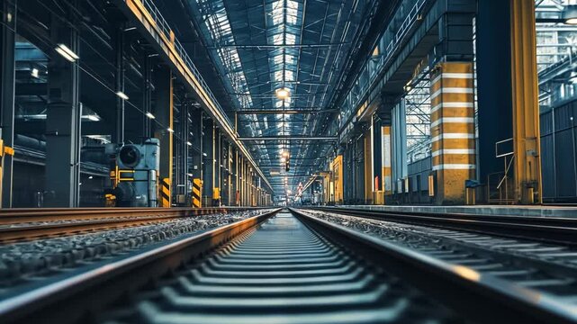 Railway tracks receding into a large industrial building.