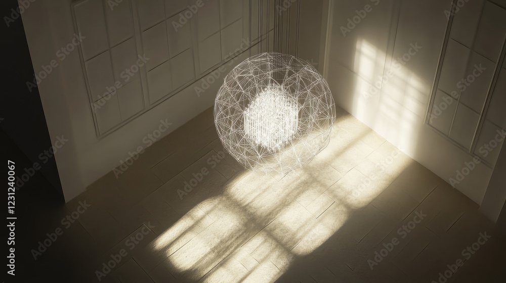 Poster a geometric sphere in a minimalist room with sunlight casting intricate shadows, creating a modern a