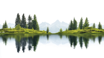Green island with pine trees reflecting in a lake with snowy mountain peaks and transparent background