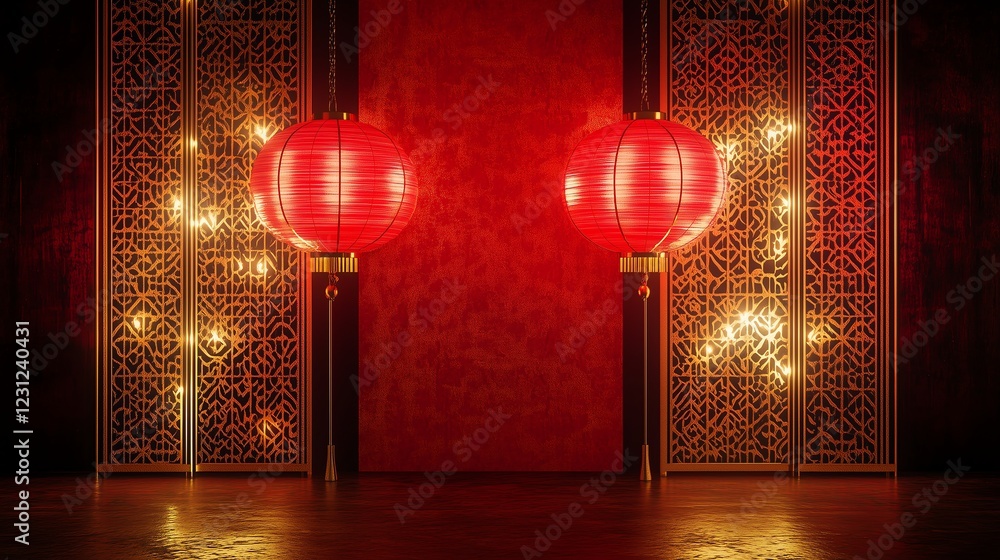 Poster traditional chinese new year background with glowing red lanterns and golden patterns on a deep red 