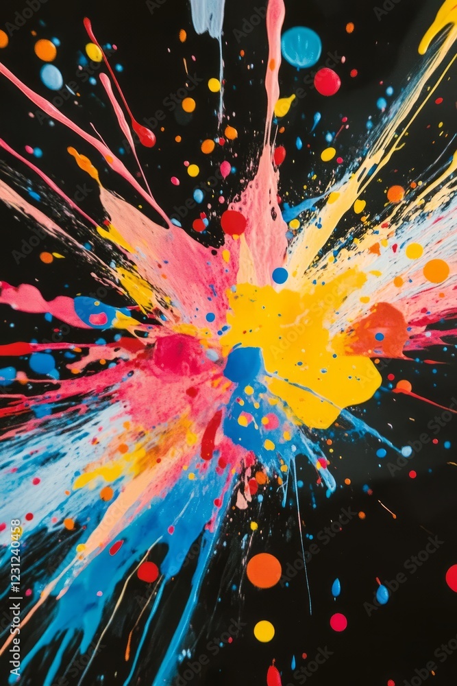 Poster colorful paint splashes on a black background creating a dynamic and vibrant abstract art piece.