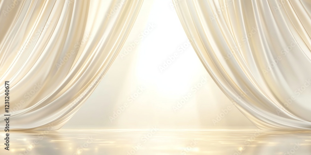 Poster white and gold background with opened white curtains reflecting soft light and shimmering effects, c