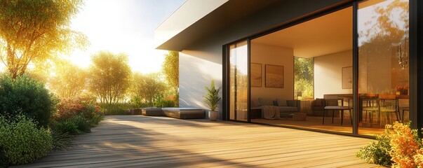 modern outdoor patio scene with sleek furniture and glass doors