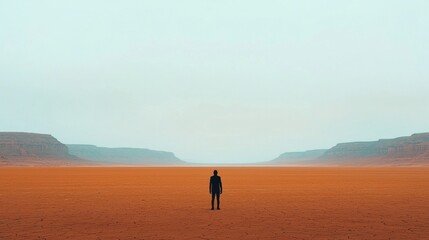 Solitary Figure in Expansive Desert Landscape Under Clear Sky