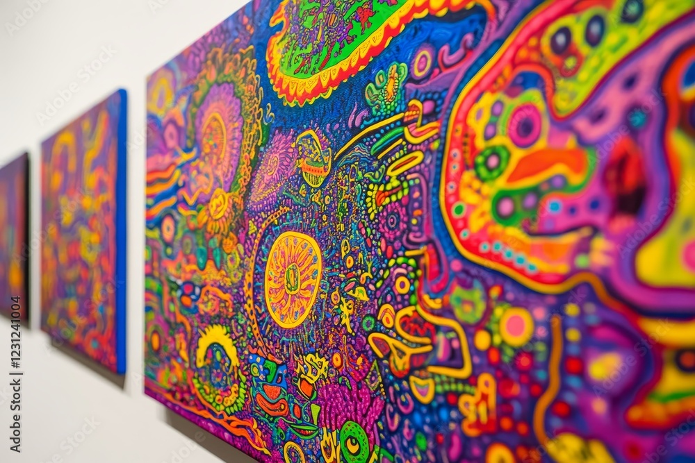 Poster abstract colorful art displayed on wall in vibrant gallery setting