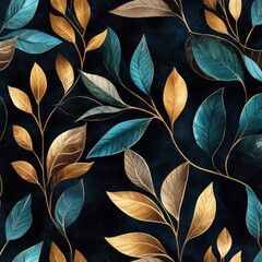 Teal, gold, and brown leaves on dark background seamless pattern.
