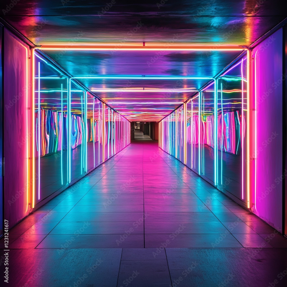 Aufkleber vibrant neon lit corridor with futuristic design and colorful lights creating a modern and dynamic a