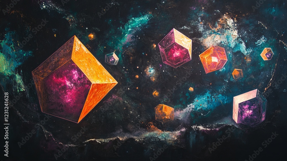 Poster colorful geometric shapes in a cosmic setting with stars and nebulae, creating a surreal and futuris