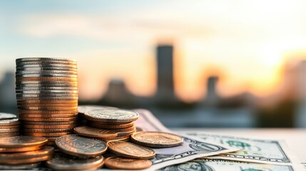 arranged coins urban banknotes sunset backdrop concept. Stacks of coins and dollar bills with a blurred city skyline in the background at sunset.