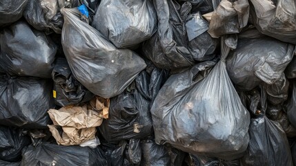 A clustered arrangement of black garbage bags, showcasing the issues of waste management and urban sanitation in a densely populated area.