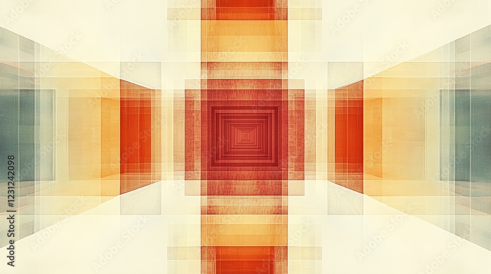 Poster a striking abstract design featuring layered red and orange squares, forming a captivating geometric