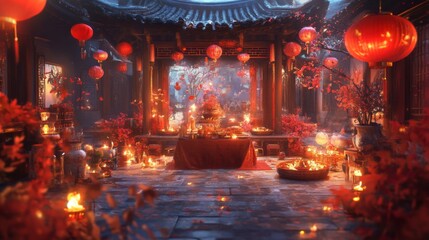 Red Lanterns Illuminate a Chinese Temple Courtyard at Night
