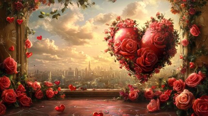 Romantic Red Rose Heart Cityscape Sunset View