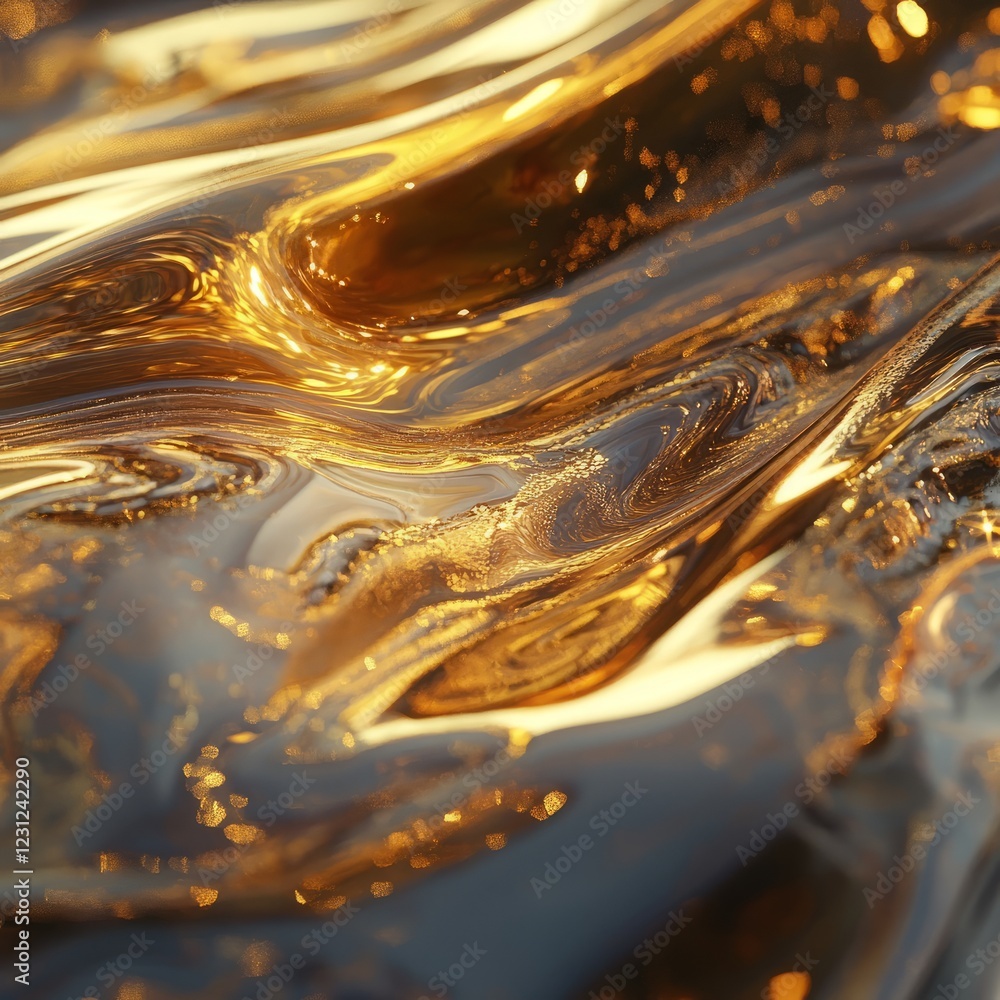 Poster close-up of a flowing liquid gold texture with shimmering waves, creating a luxurious and elegant ab
