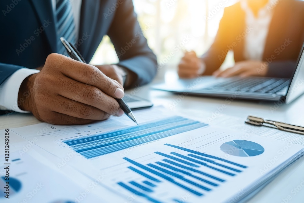 Aufkleber business person analyzing data with graphs and charts on desk