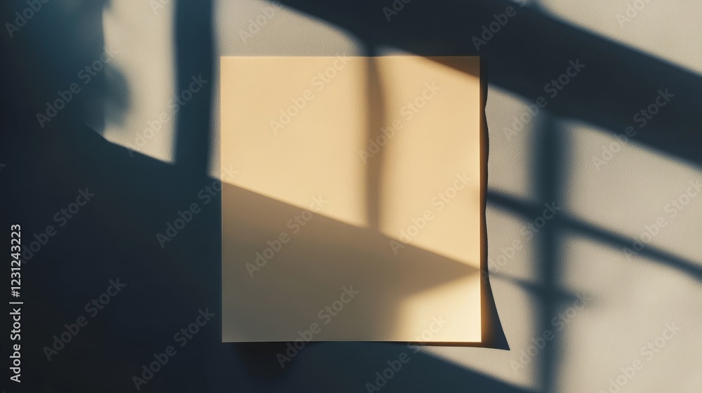 Poster a blank sheet of paper casting shadows in soft natural light, creating a minimalist and serene compo