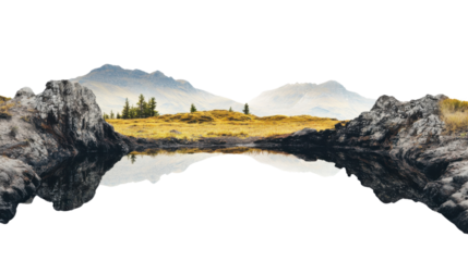 Mountain reflecting in lake with transparent background