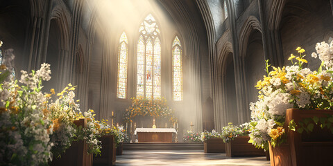 Elegant Easter Church Interior Decorated with Spring Flowers and Soft Sunlight


