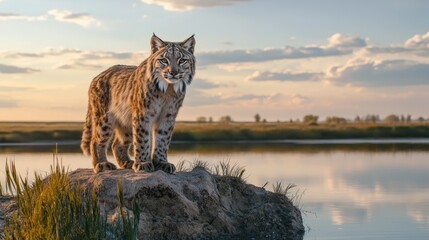 Obraz premium A lone bobcat stands majestically on a rock overlooking a calm body of water at sunset
