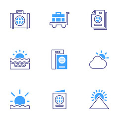 Travel icon set. Bold line style. Duotone colors. Editable stroke. travel, online business, luggage, pyramid, sun, sunset, passport