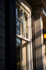 Obraz premium Sunlit Diamond-Shaped Window Pane in a Classic House Exterior. Architectural Detail and Design. High-Quality Image