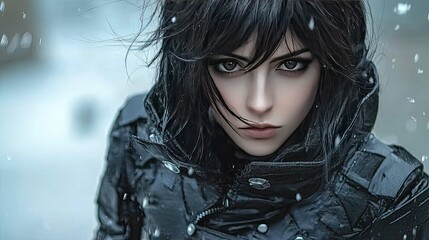 Stunning Woman in Black Jacket, Snow Falling, Intense Gaze, Winter Fashion Photography