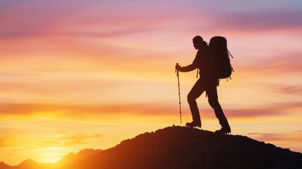 Hiker Silhouette Against Colorful Sunset Over Mountain Ridge