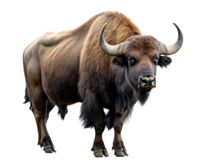 realistic depiction of bison standing on transparent background, showcasing its powerful build and distinctive horns. image captures essence of this majestic animal
