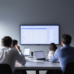 A group of people are sitting around a table in front of a large monitor