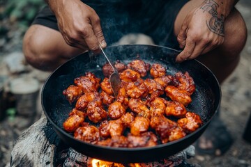 Cooking Juicy Chicken Wings Over Open Fire with Smoky Aroma and Flavor