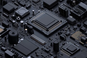Fototapeta premium Close-up of a detailed circuit board featuring microchips and electronic components, showcasing advanced technology.