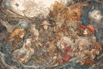 complex and detailed composition in the fantasy style, made using watercolor technique. 