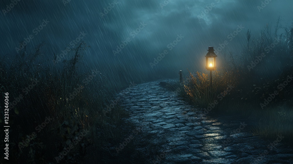 Poster a lantern is lit on a path in the rain. the path is wet and the lantern is the only light source