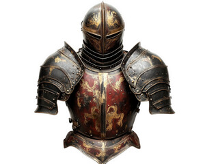 detailed suit of medieval armor featuring intricate designs and weathered finish, showcasing craftsmanship of historical metalwork