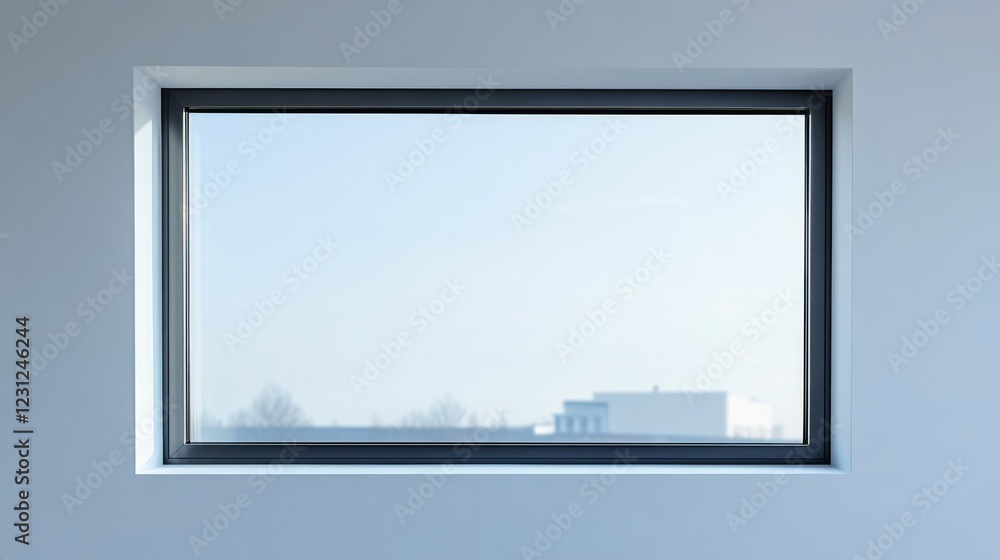 Poster a window with a clear glass pane. the window is in a room with a white wall. the window is in a buil