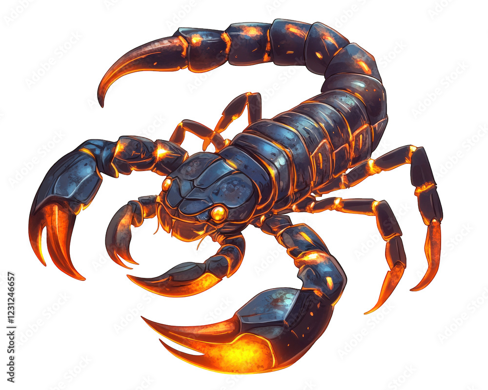Poster realistic illustration of fiery scorpion with glowing features, showcasing its detailed exoskeleton 