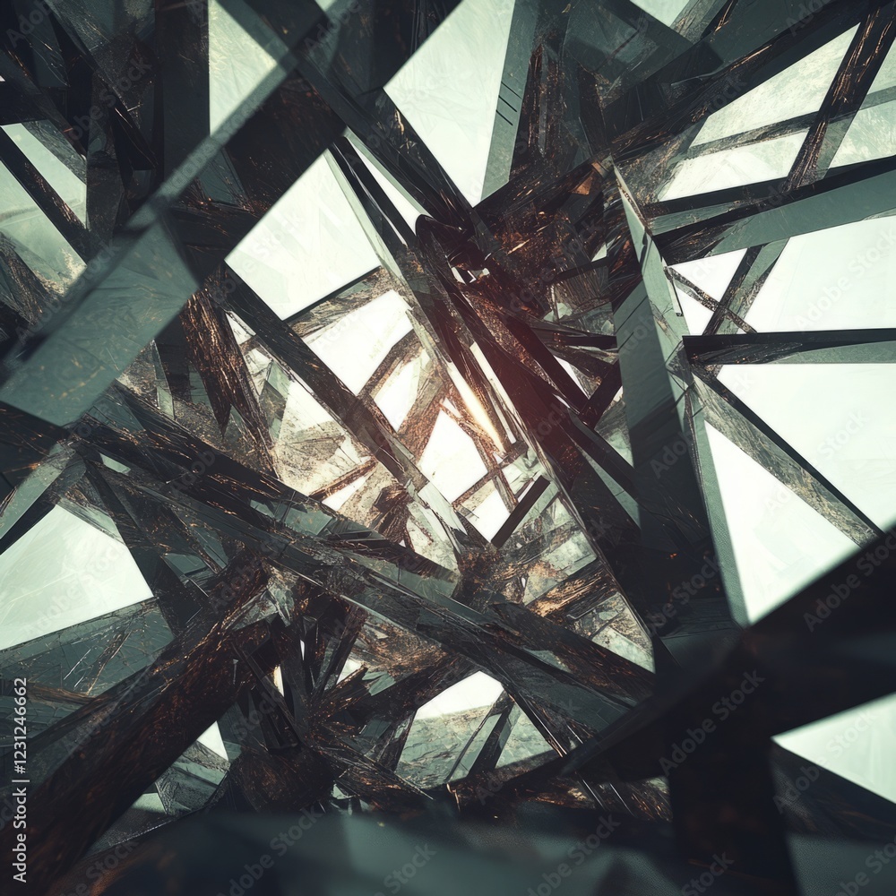 Poster close up of a building with many glass windows. the building is made of many different shapes and si