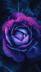 Obraz premium Vibrant purple cabbage, close-up view showcasing intricate leaf details and rich color variations.