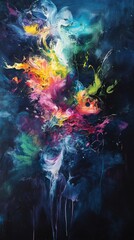 A painting of a flower with many colors. The painting is blue and has a lot of paint splatters