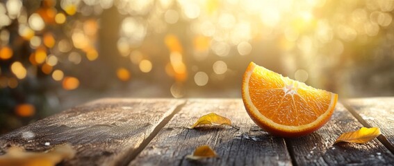 Slice of orange resting on aged wooden surface with natural sunlight creating a bokeh background effect