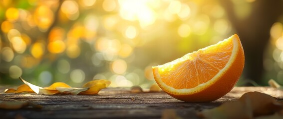 Slice of orange resting on aged wooden surface with natural sunlight creating a bokeh background effect