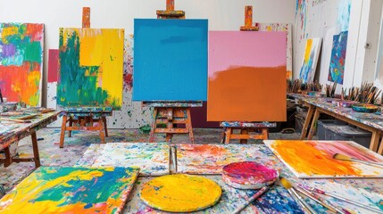 Vibrant Art Studio with Colorful Canvases and Paint Supplies