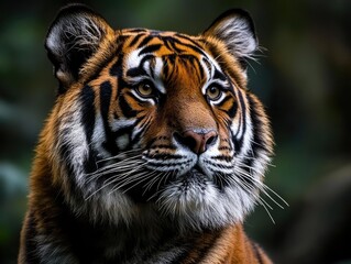 Fototapeta premium Close-up portrait of a majestic tiger showing its detailed facial features and fur pattern
