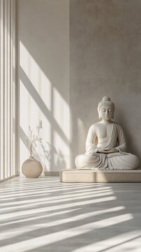 Fototapeta A peaceful minimalist interior featuring a Buddha statue and a simple vase, bathed in soft sunlight and shadows.
